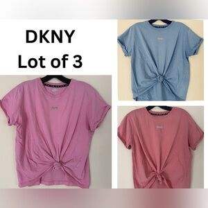 Lot of 3- DKNY Knot-Front T-shirt Top  Tee — Blue, Pink, Mauve- Size S - EUC